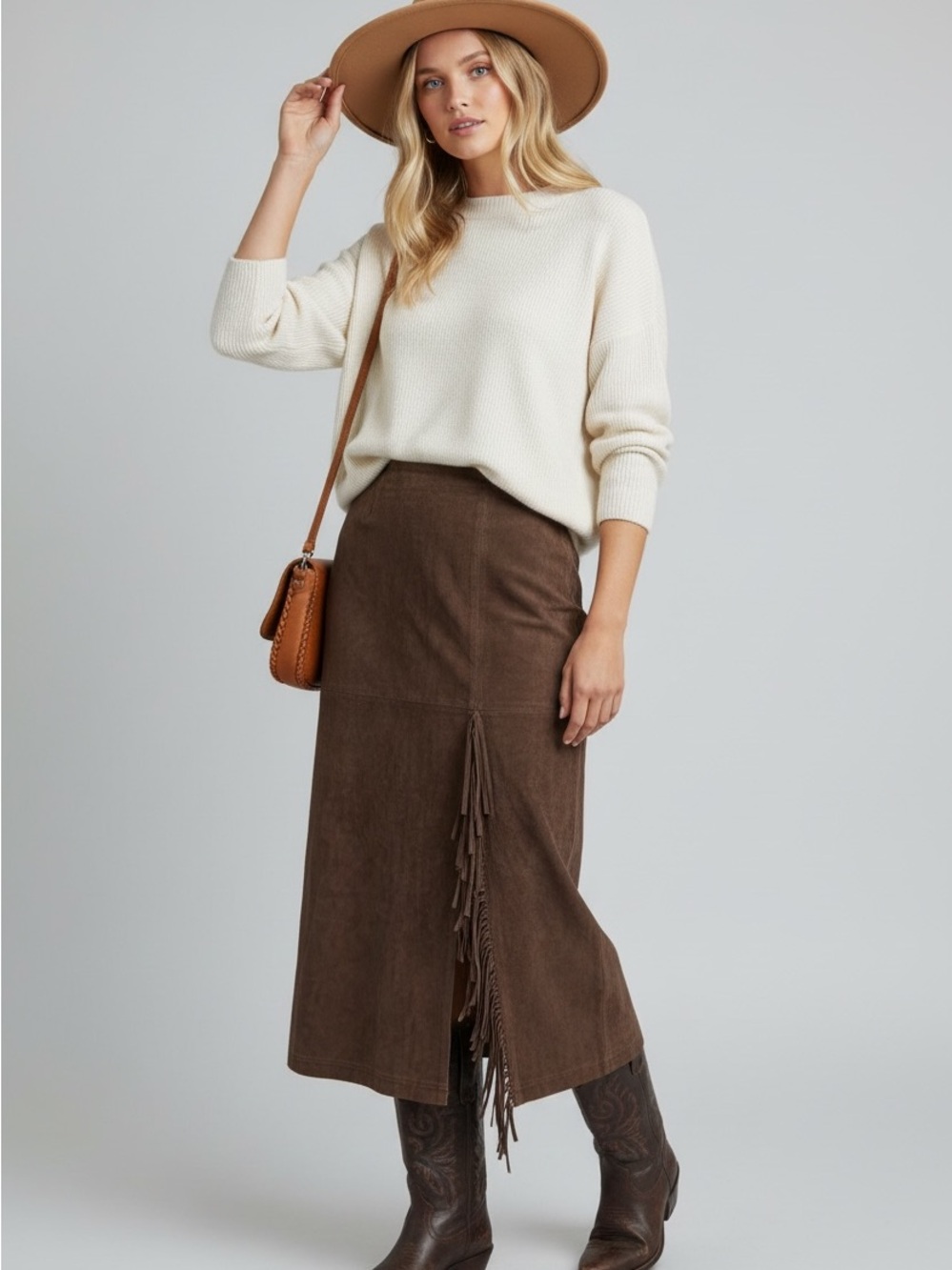 Vintage Saddle Ridge Collection Brown Suede Leather Fringe Skirt 11/12 Cowgirl